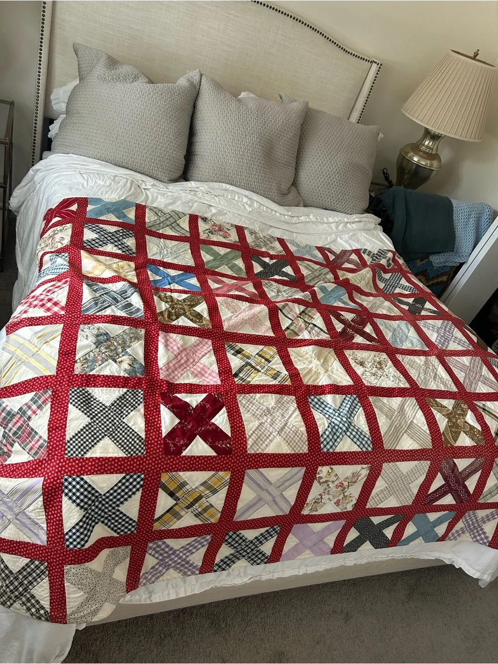 Vintage Red Grid X Patchwork Quilt - Multi Color